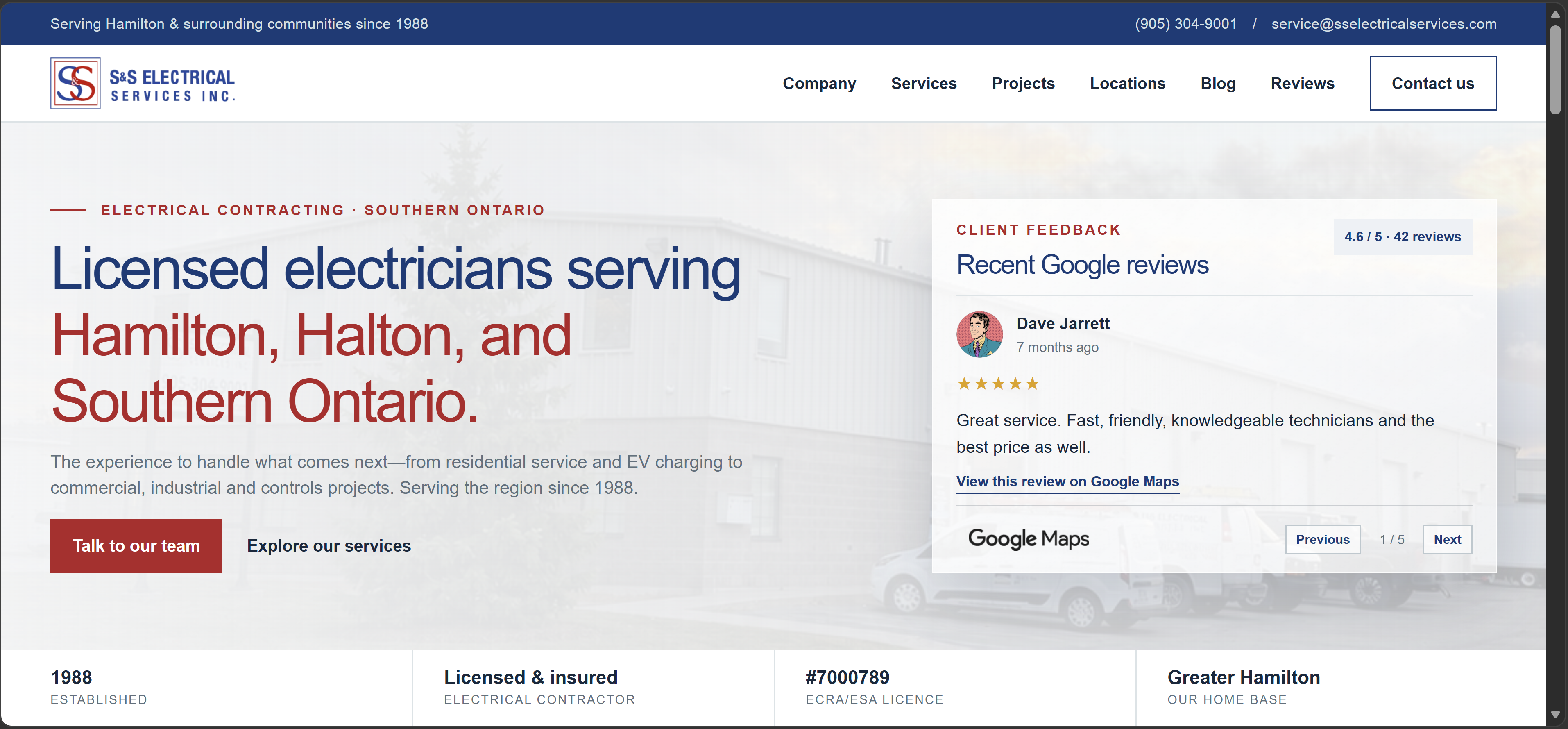 S&S Electrical Services website showing electrical services and customer reviews