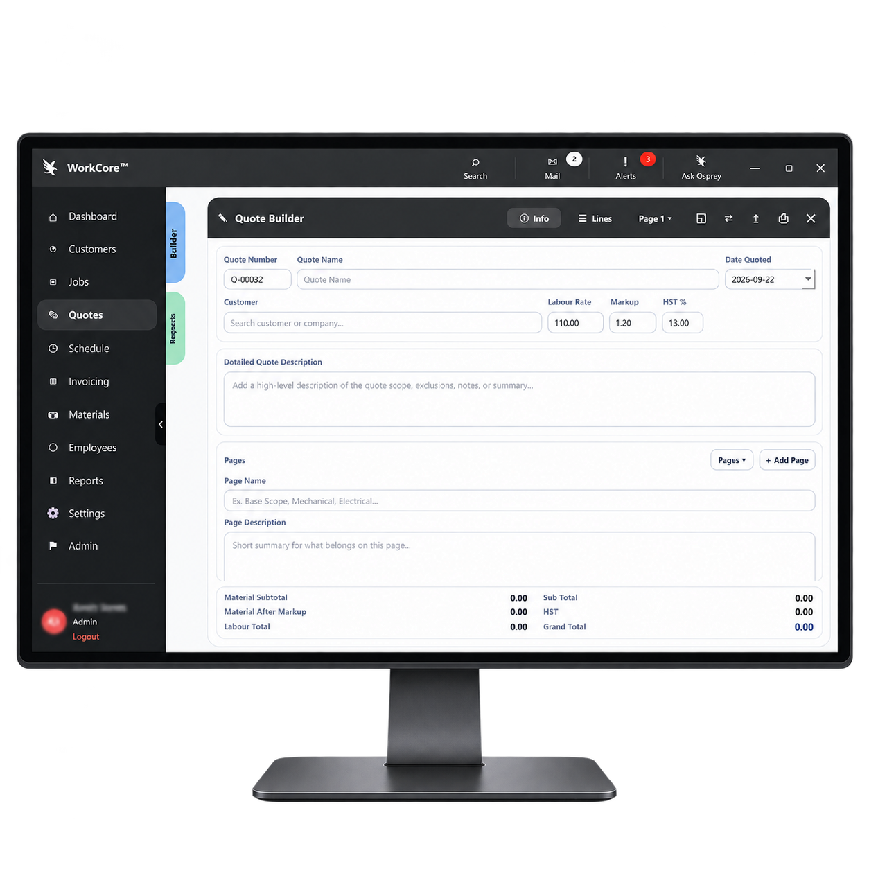 WorkCore™ Beta 1.0 custom business software shown on a desktop monitor